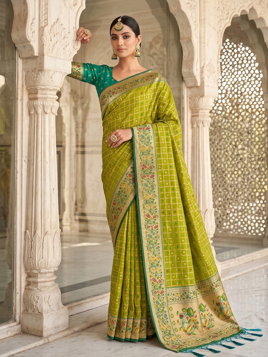 Green Geometric Banarasi Silk Saree