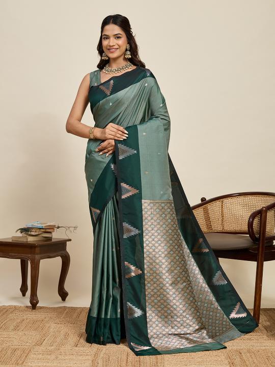 Green Geometric Border Soft Silk Saree