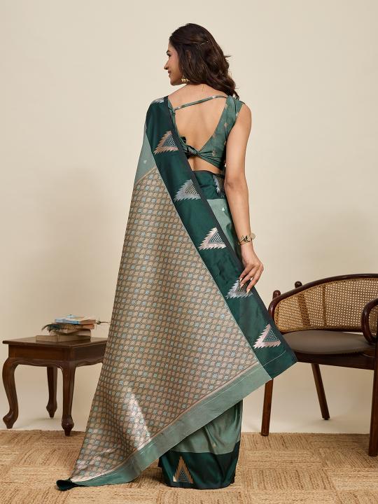 Green Geometric Border Soft Silk Saree — alternate view