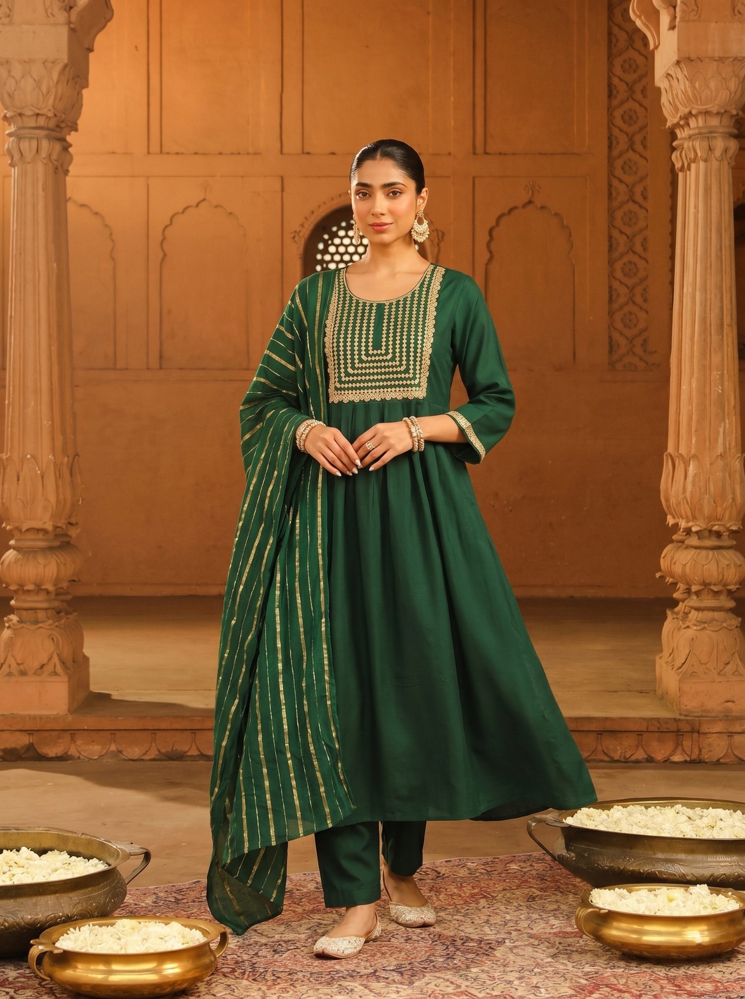 Green Geometric Designer Embroidery Viscose Silk Anarkali Suit