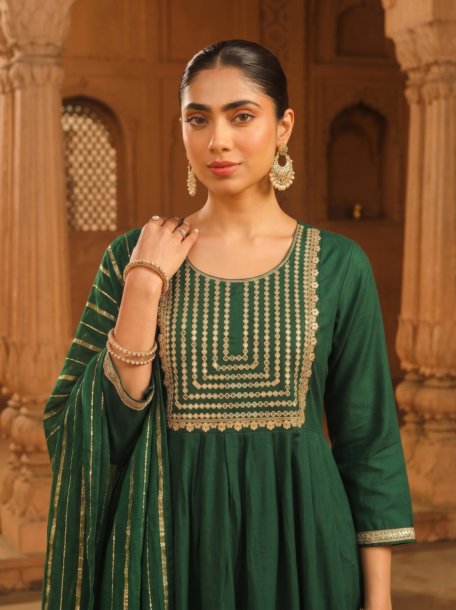 Green Geometric Designer Embroidery Viscose Silk Anarkali Suit