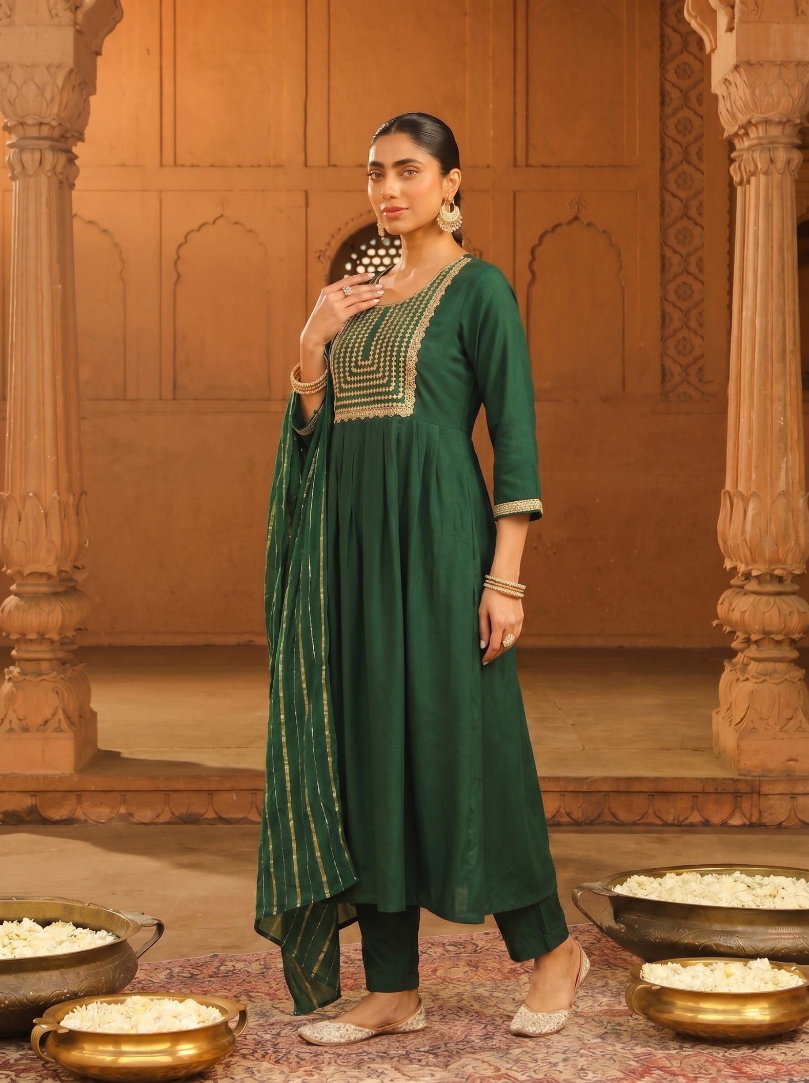 Green Geometric Designer Embroidery Viscose Silk Anarkali Suit