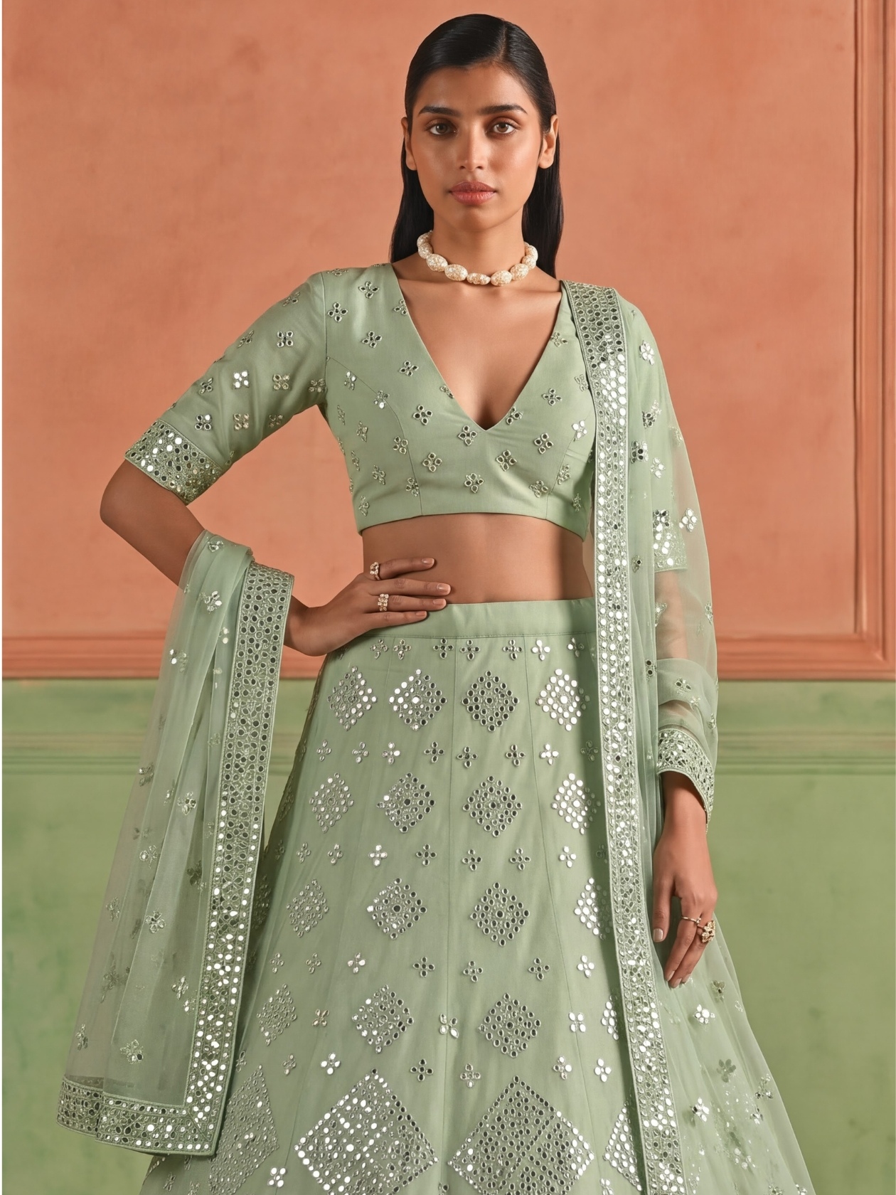 Green Geometric Embroidered Organza Lehenga Choli — alternate view