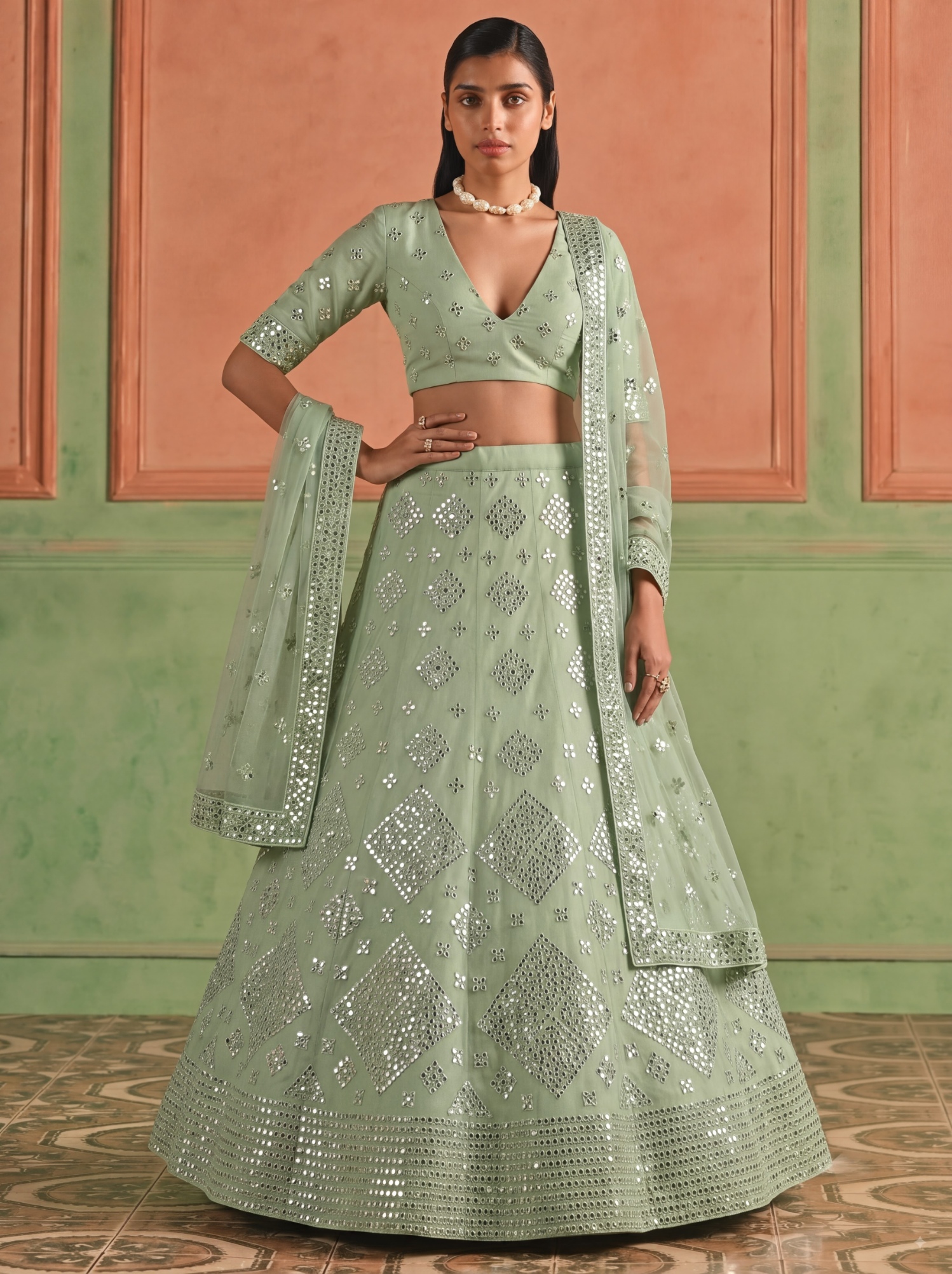Green Geometric Embroidered Organza Lehenga Choli