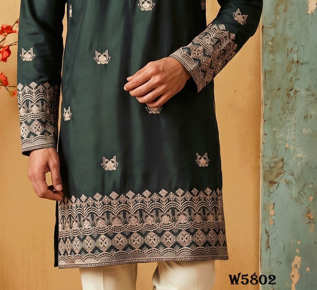 Green Geometric Embroidered Silk Kurta Pyjama — alternate view