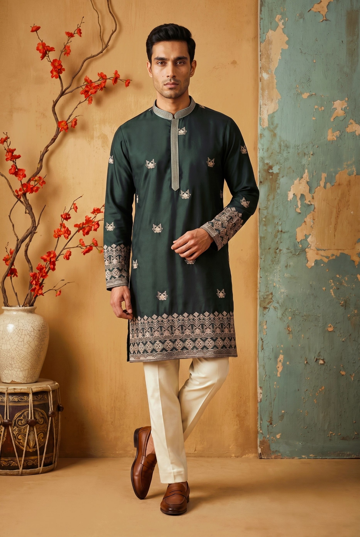 Green Geometric Embroidered Silk Kurta Pyjama