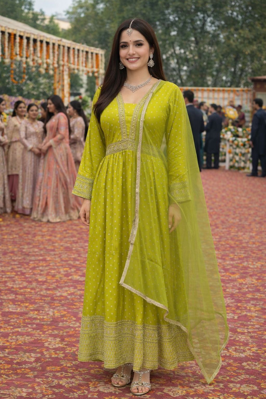 Green Geometric Embroidered Viscose Jacquard Silk Flared Gown