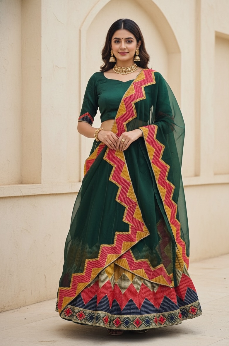 Green Geometric Net Partywear Lehenga Choli