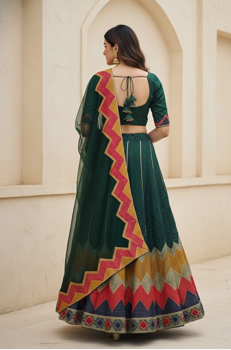 Green Geometric Net Partywear Lehenga Choli — alternate view