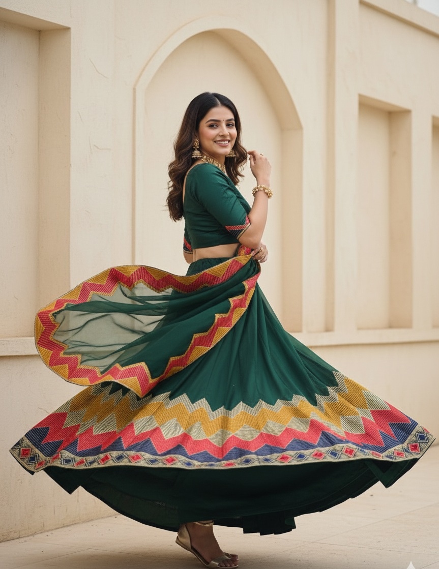 Green Geometric Net Partywear Lehenga Choli