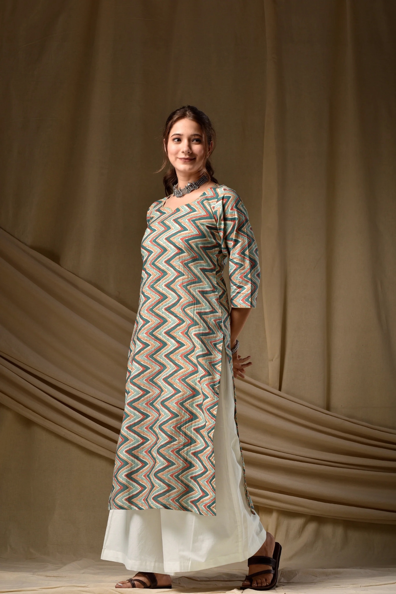 Green Geometric Printed Cambric Cotton Kurti