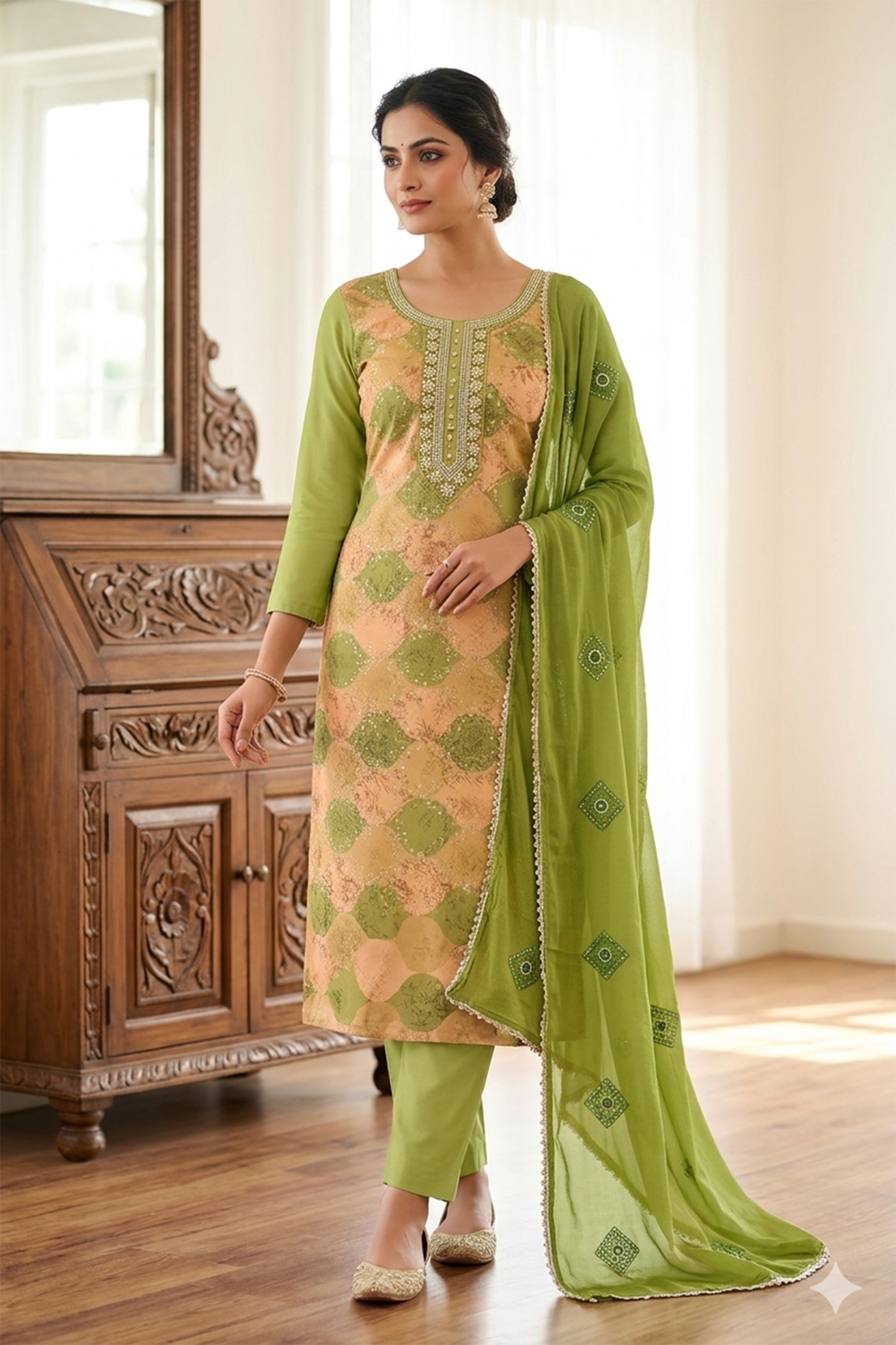 Green Geometric Printed Muslin Straight Pant Suit