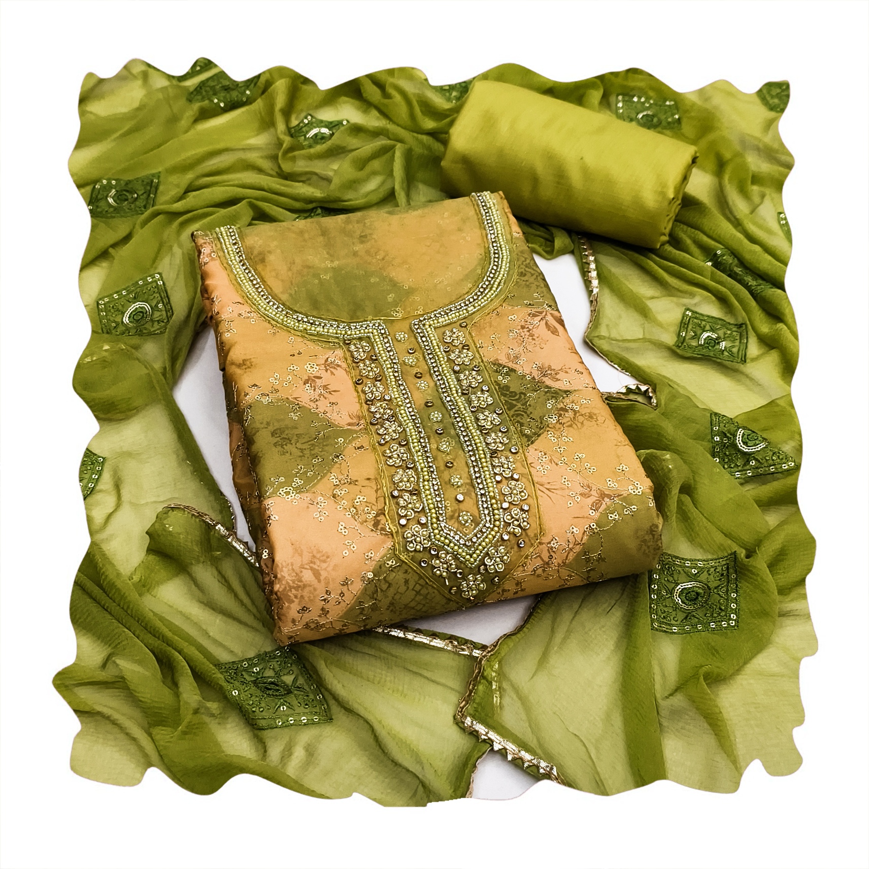 Green Geometric Printed Muslin Straight Pant Suit — alternate view
