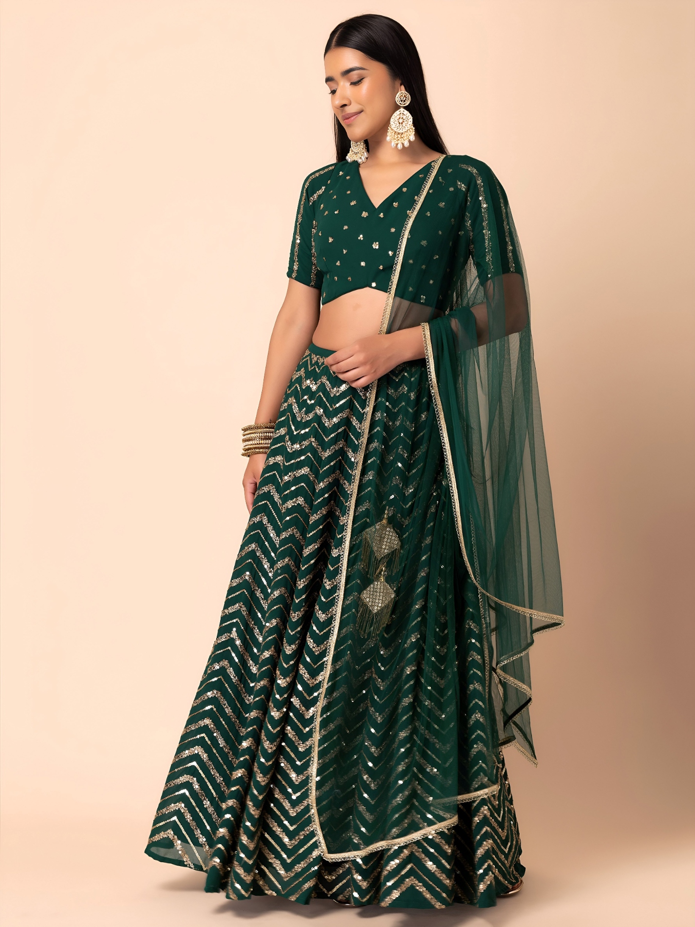 Green Geometric Sequins Zari Georgette Lehenga Choli