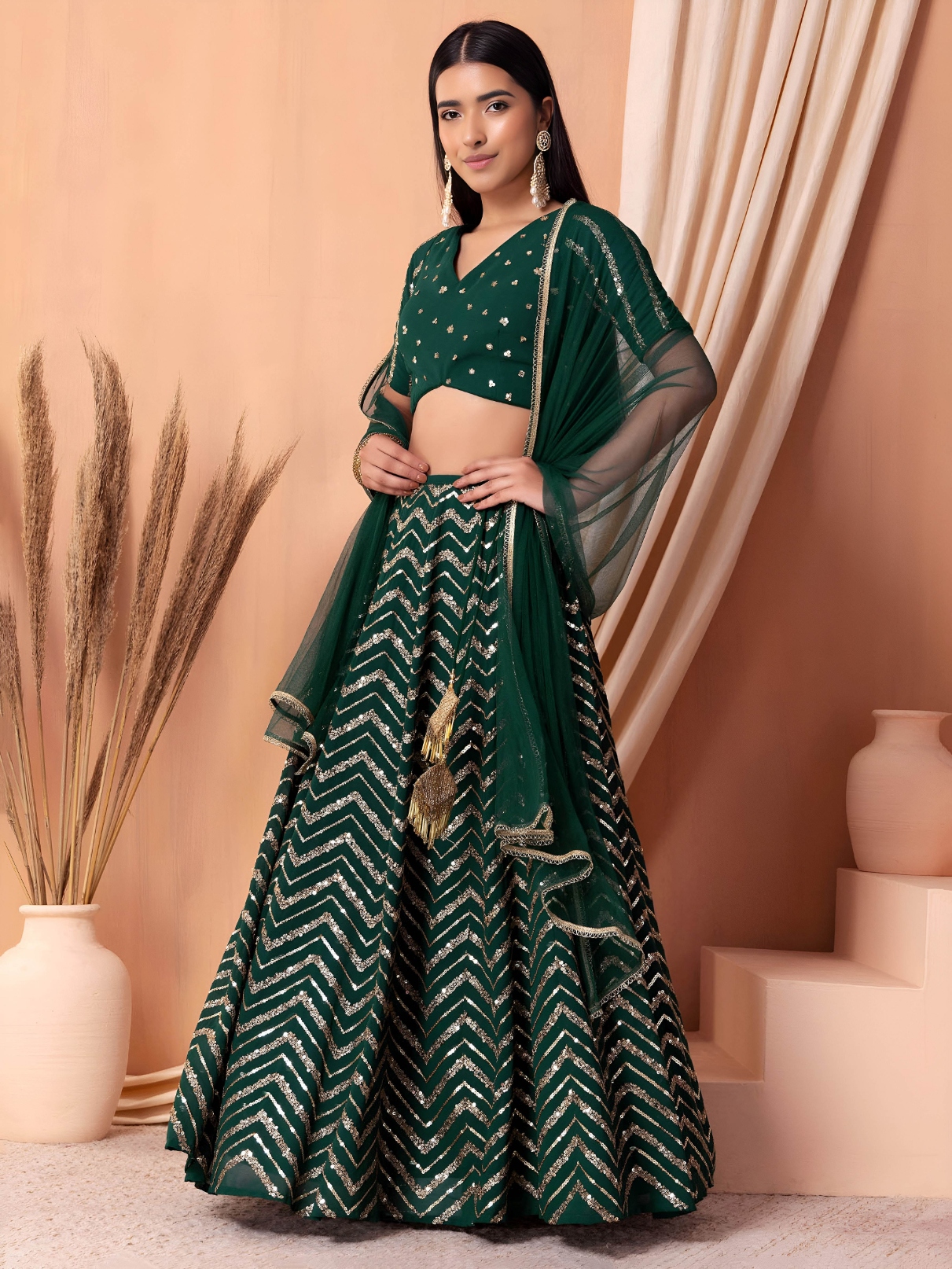 Green Geometric Sequins Zari Georgette Lehenga Choli
