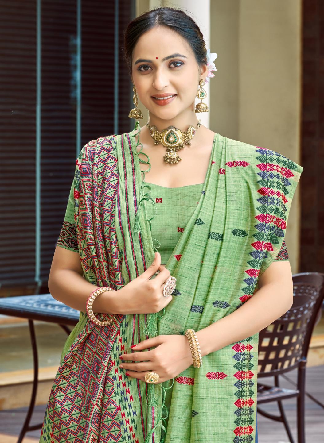 Green Geometric Woven Designer Assam Silk Saree — alternate view