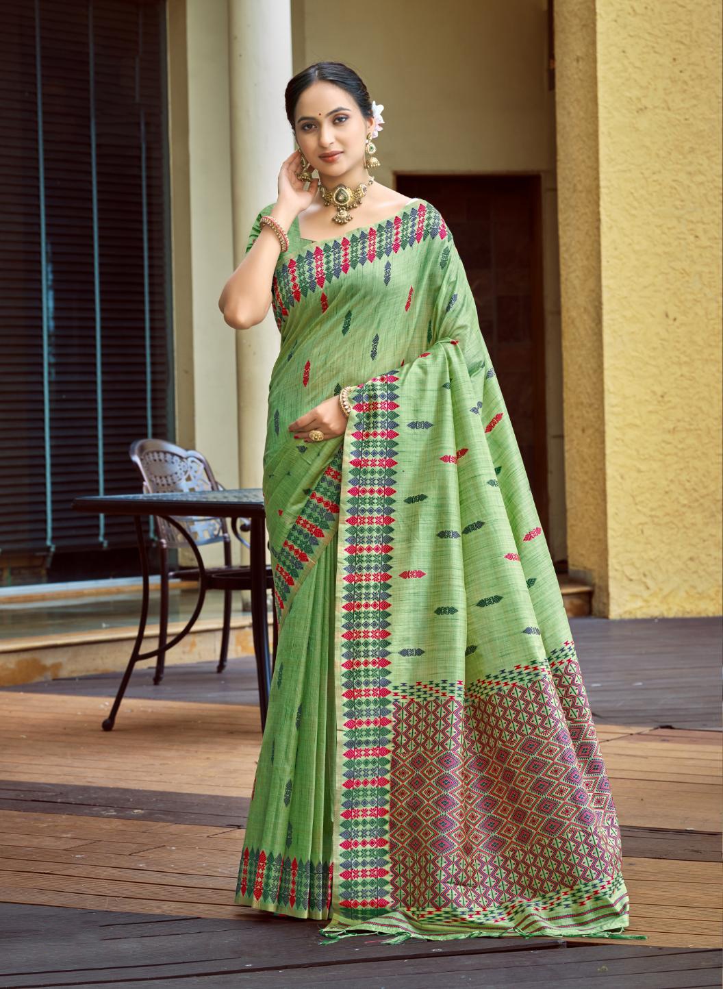 Green Geometric Woven Designer Assam Silk Saree