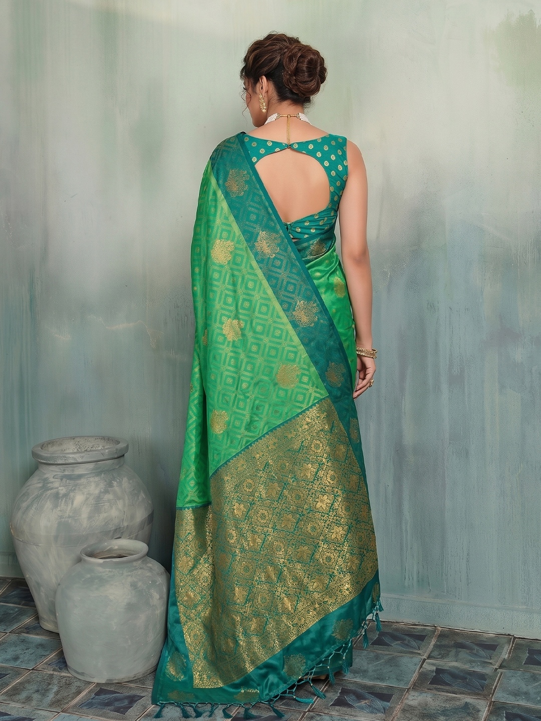 Green Geometric Woven Designer Silk Saree — alternate view