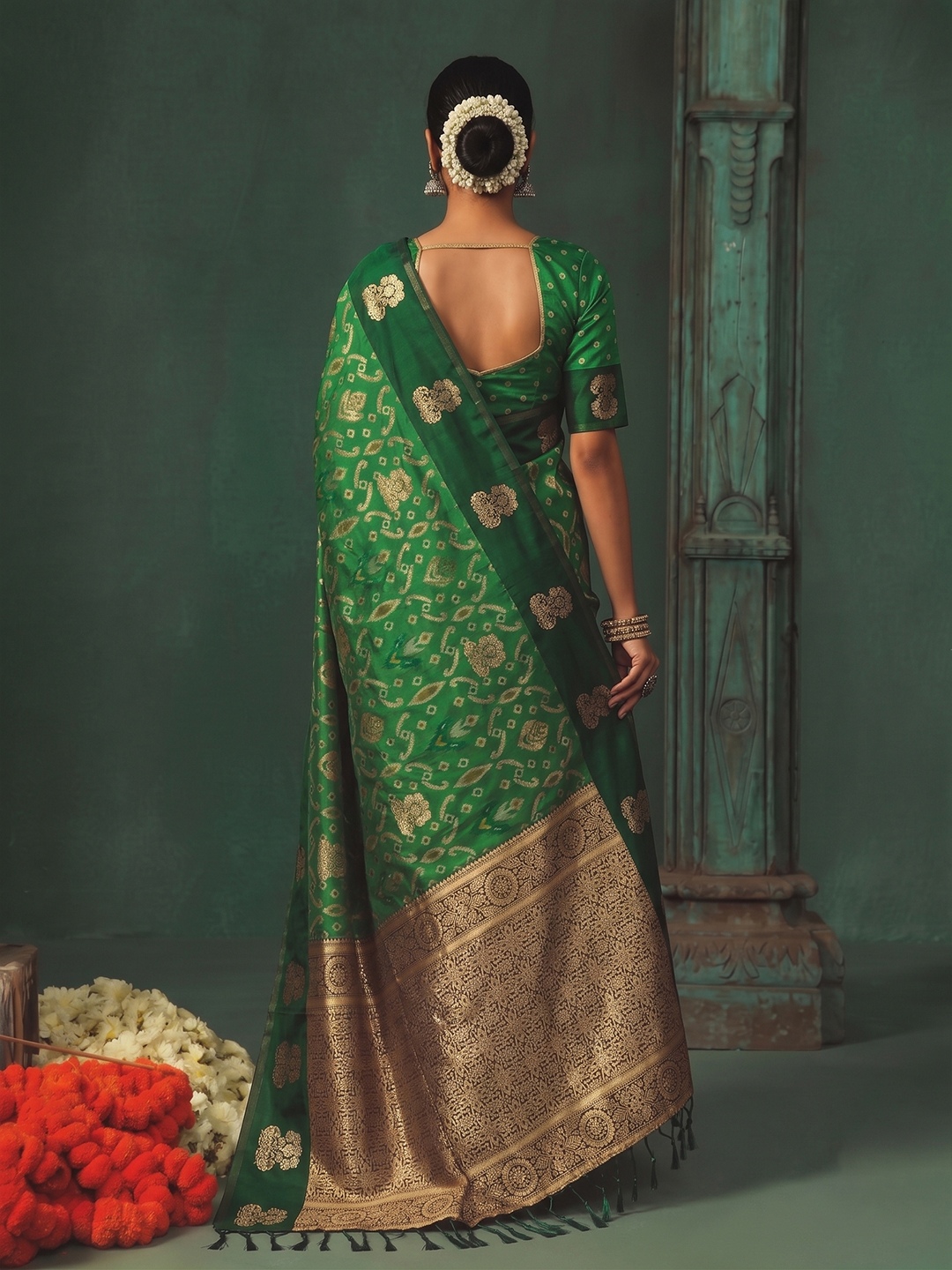 Green Geometric Woven Designer Silk Saree — alternate view