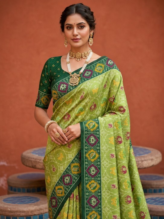 Green Geometric Woven Meenakari Jacquard Patola Silk Saree