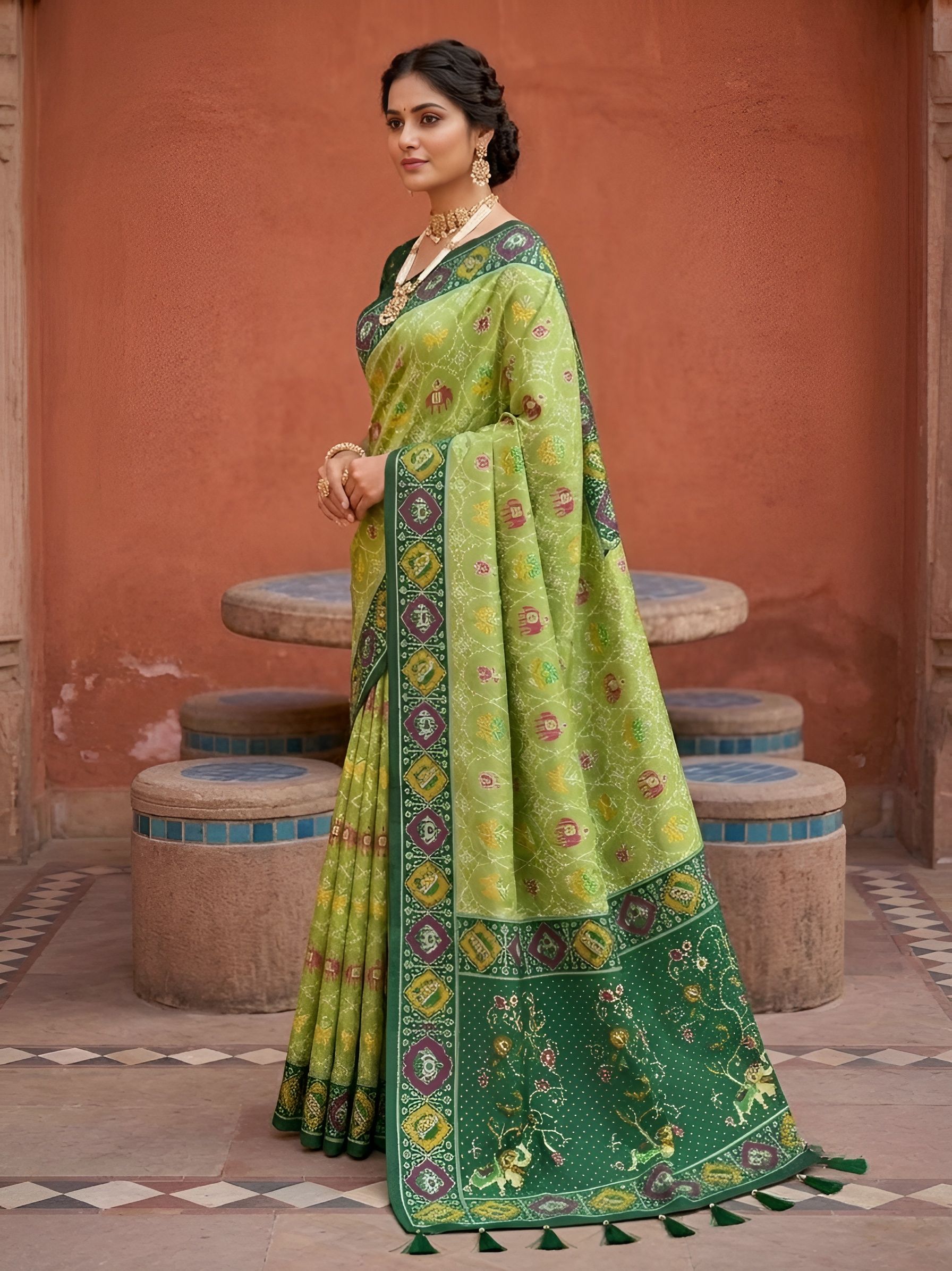 Green Geometric Woven Meenakari Jacquard Patola Silk Saree