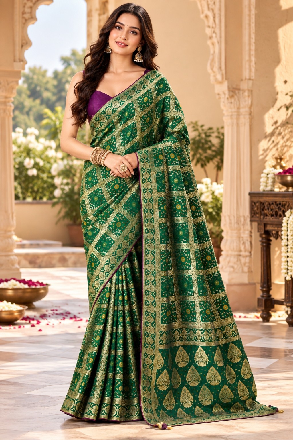 Green Geometric Woven Zari Satin Silk Saree