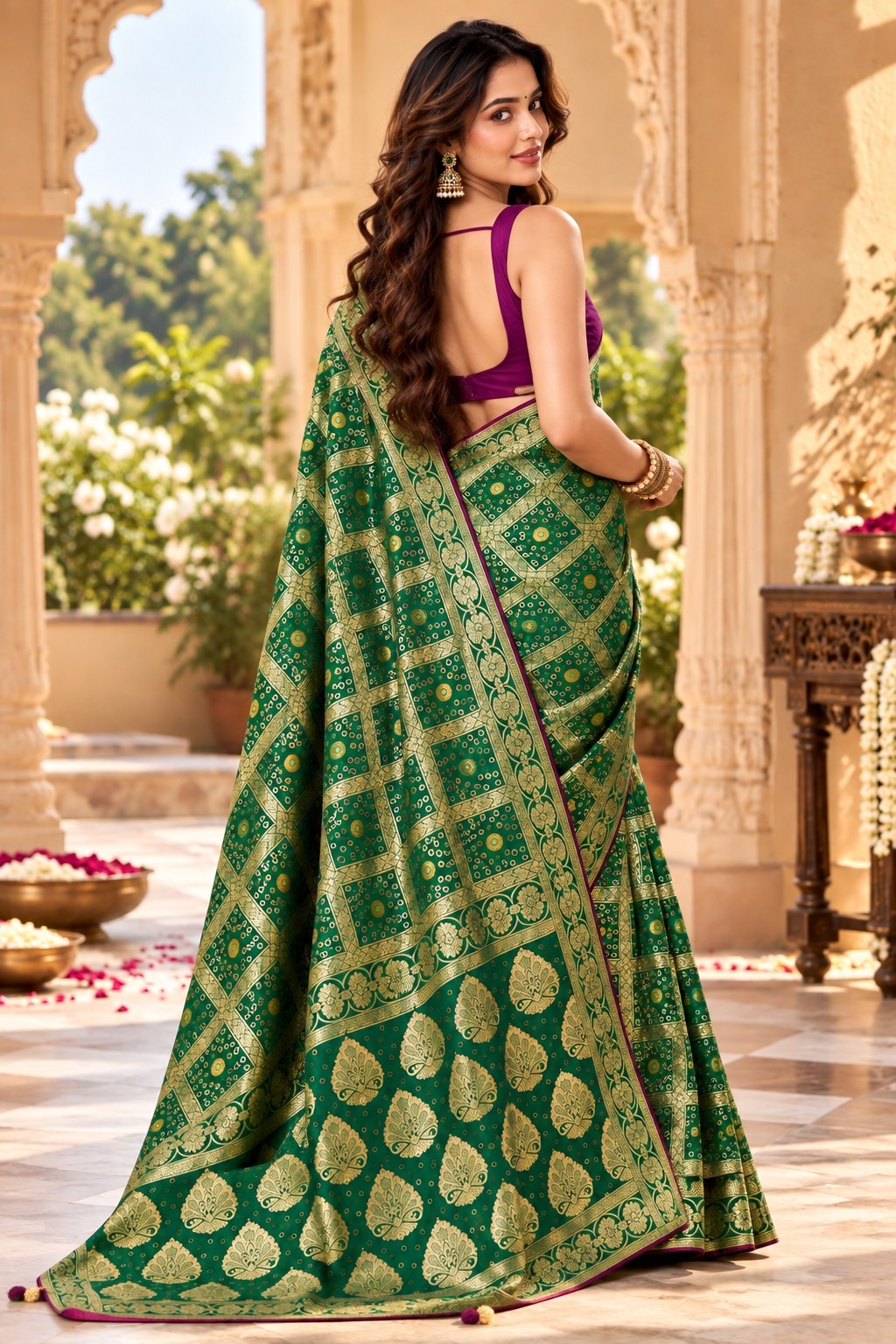Green Geometric Woven Zari Satin Silk Saree — alternate view