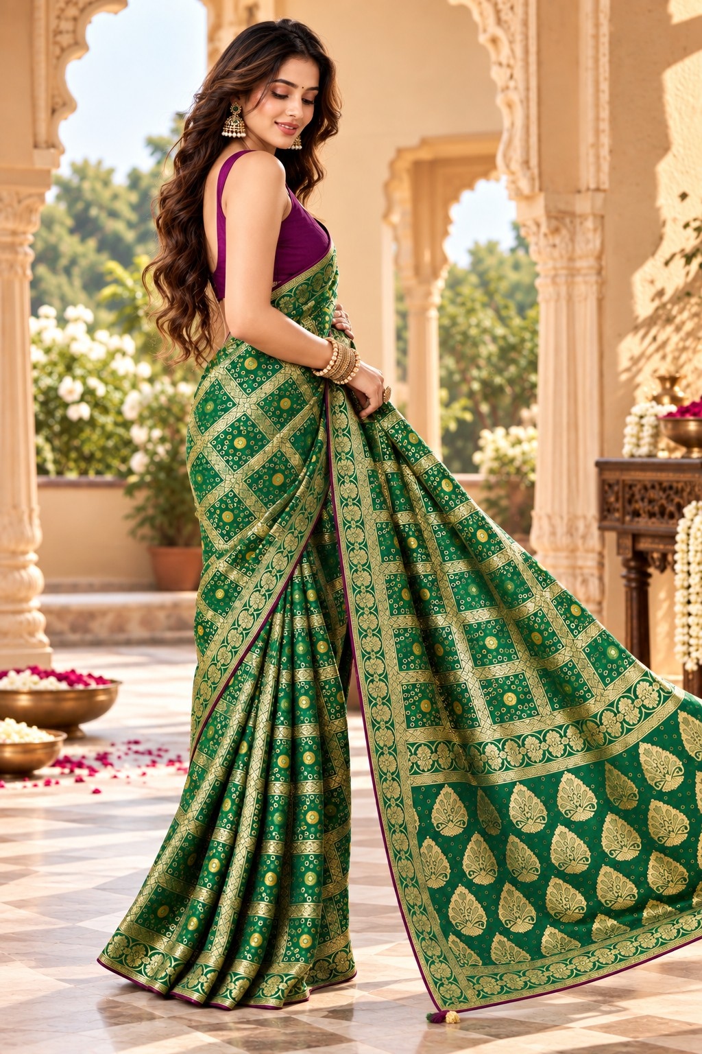 Green Geometric Woven Zari Satin Silk Saree