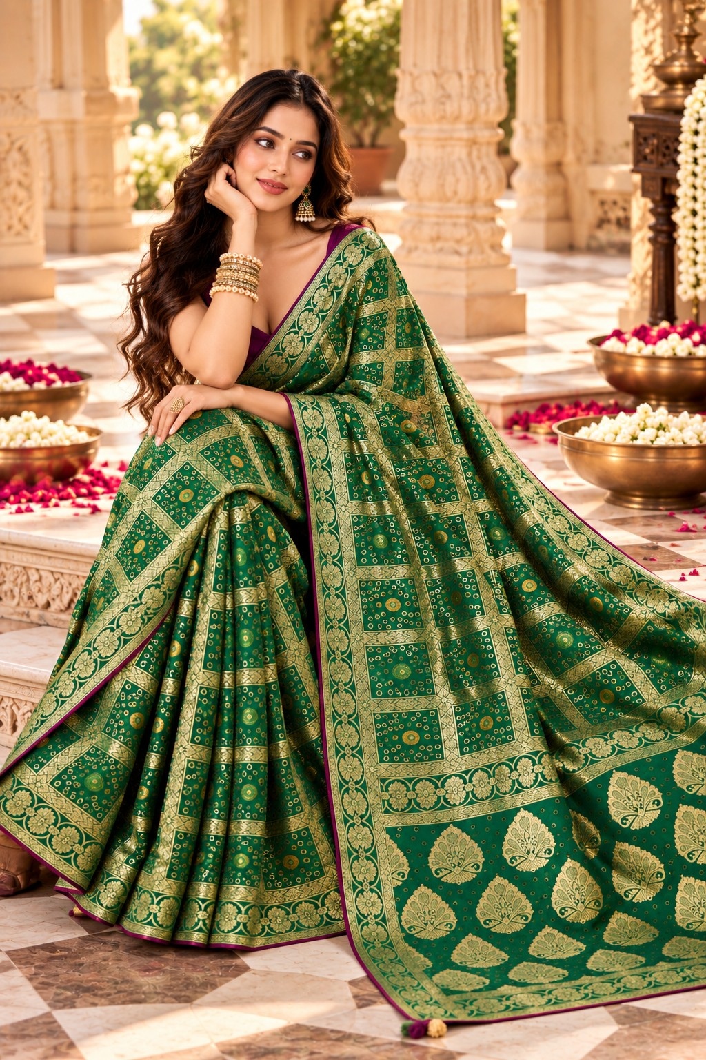 Green Geometric Woven Zari Satin Silk Saree