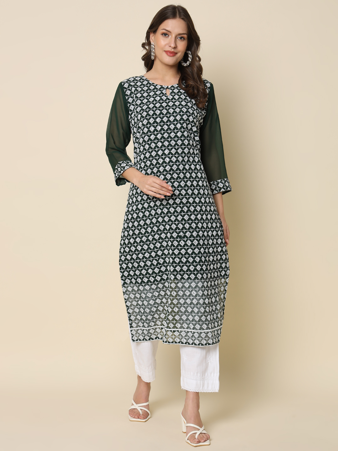 Green Georgette Chikankari Embroidered Kurti