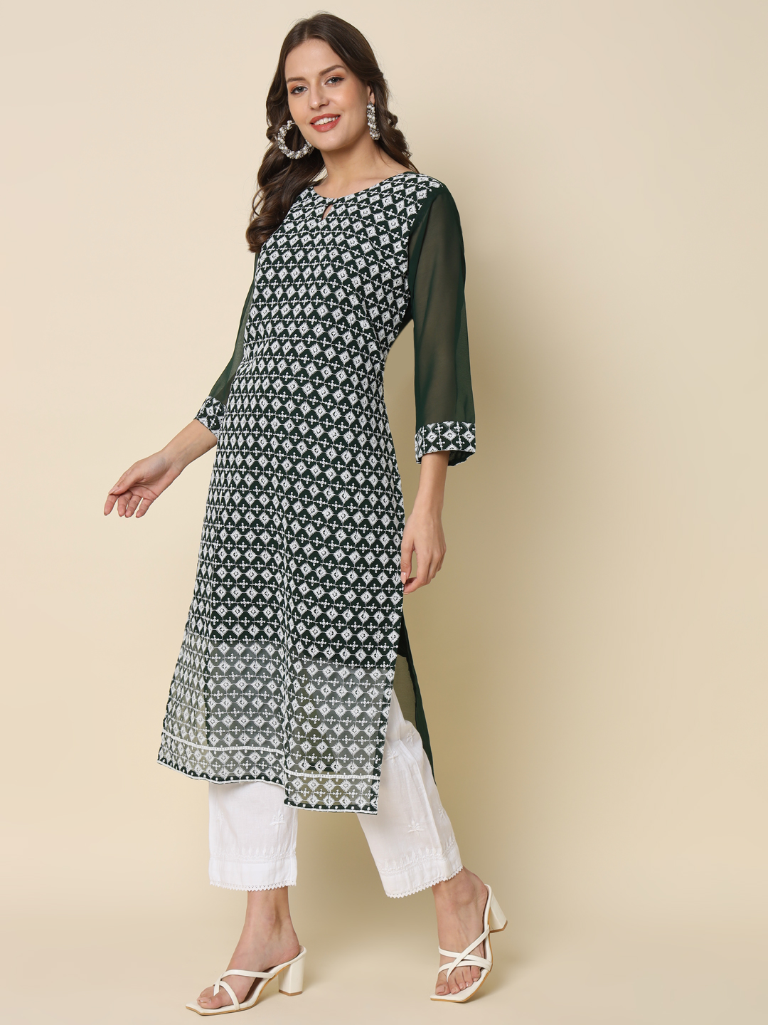 Green Georgette Chikankari Embroidered Kurti
