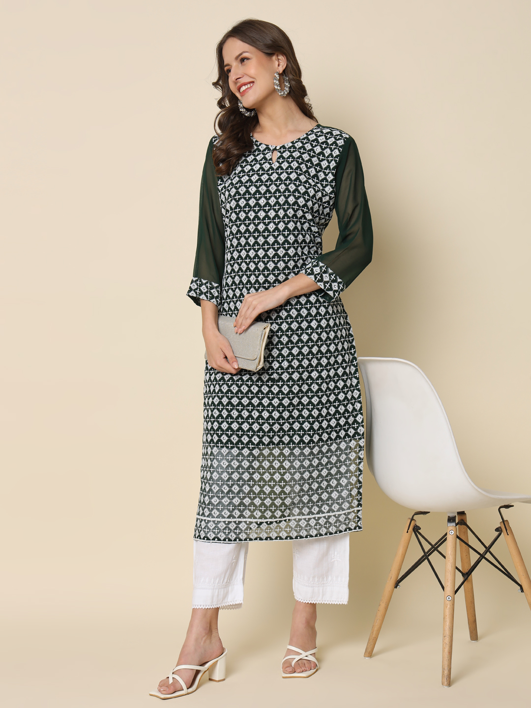 Green Georgette Chikankari Embroidered Kurti
