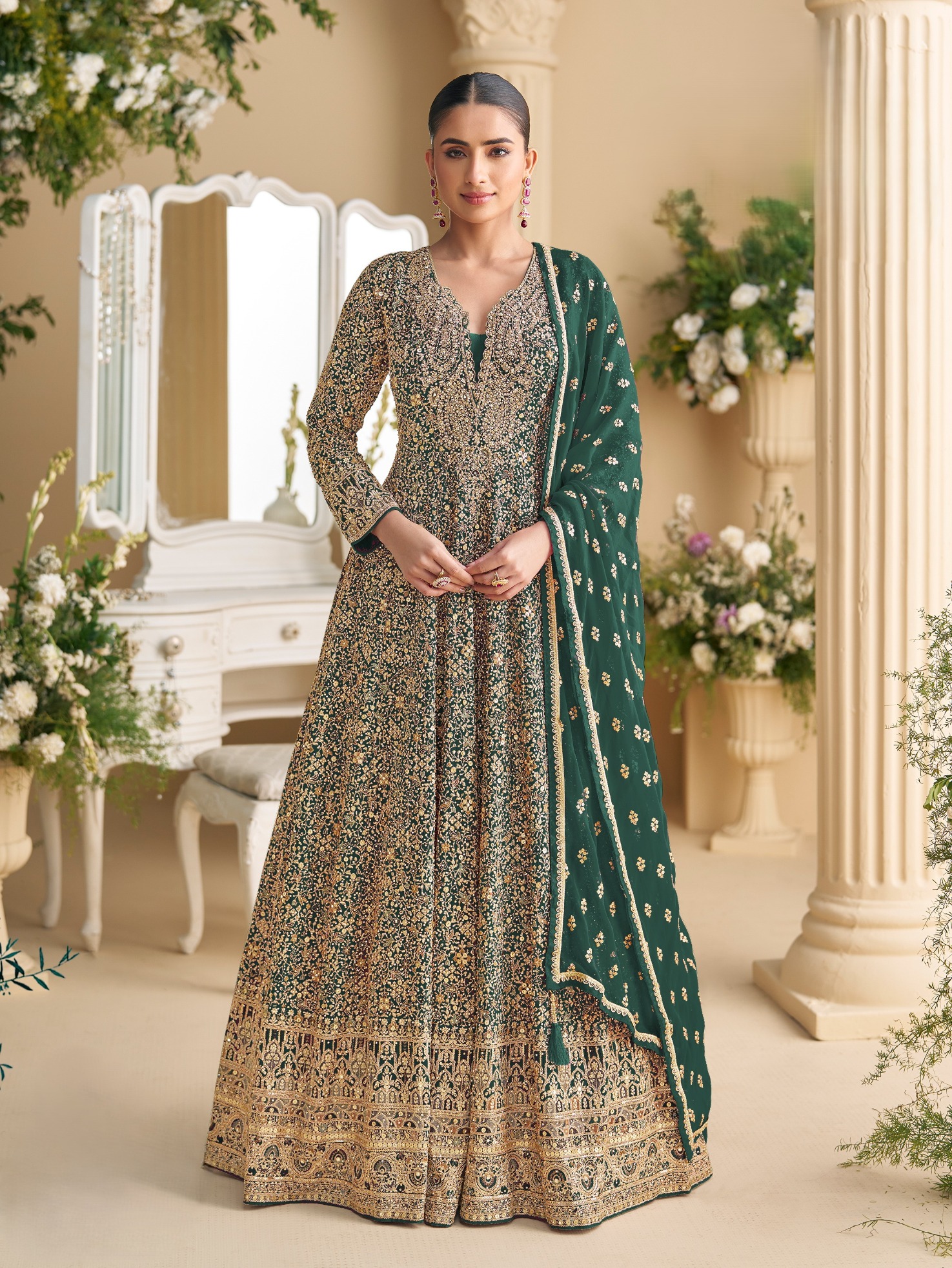 Green Georgette Designer Embroidered Party Wear Gown