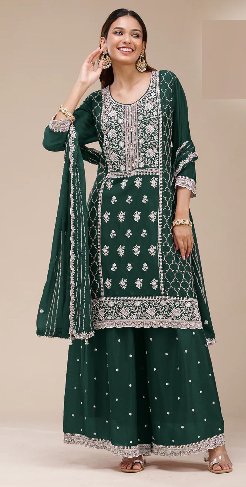 Green Georgette Embroidered Palazzo Suit