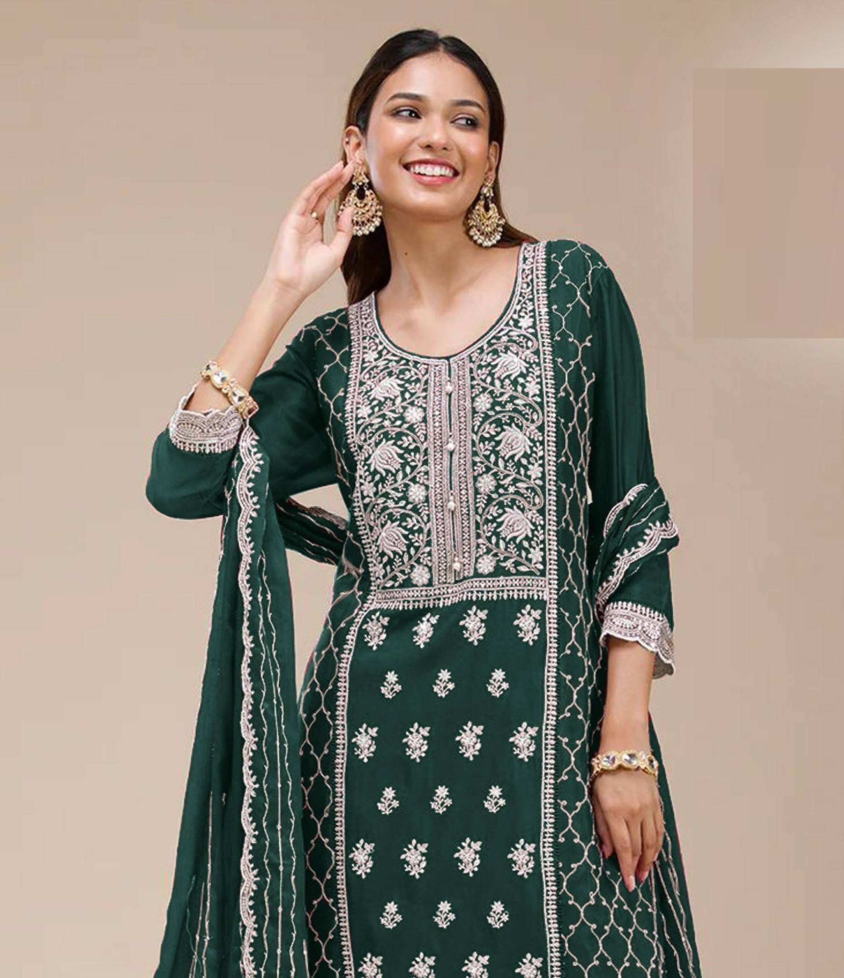 Green Georgette Embroidered Palazzo Suit — alternate view