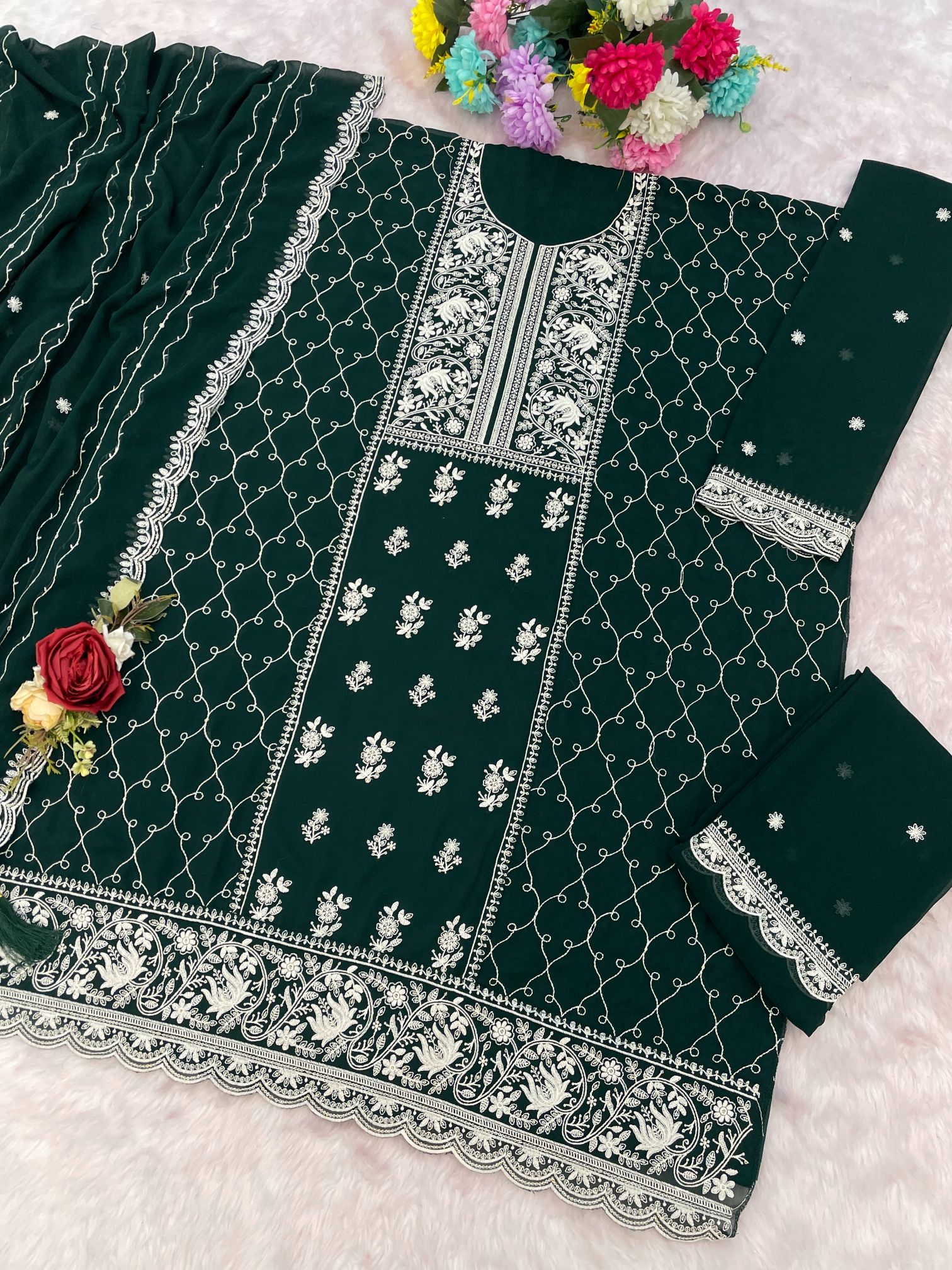 Green Georgette Embroidered Palazzo Suit