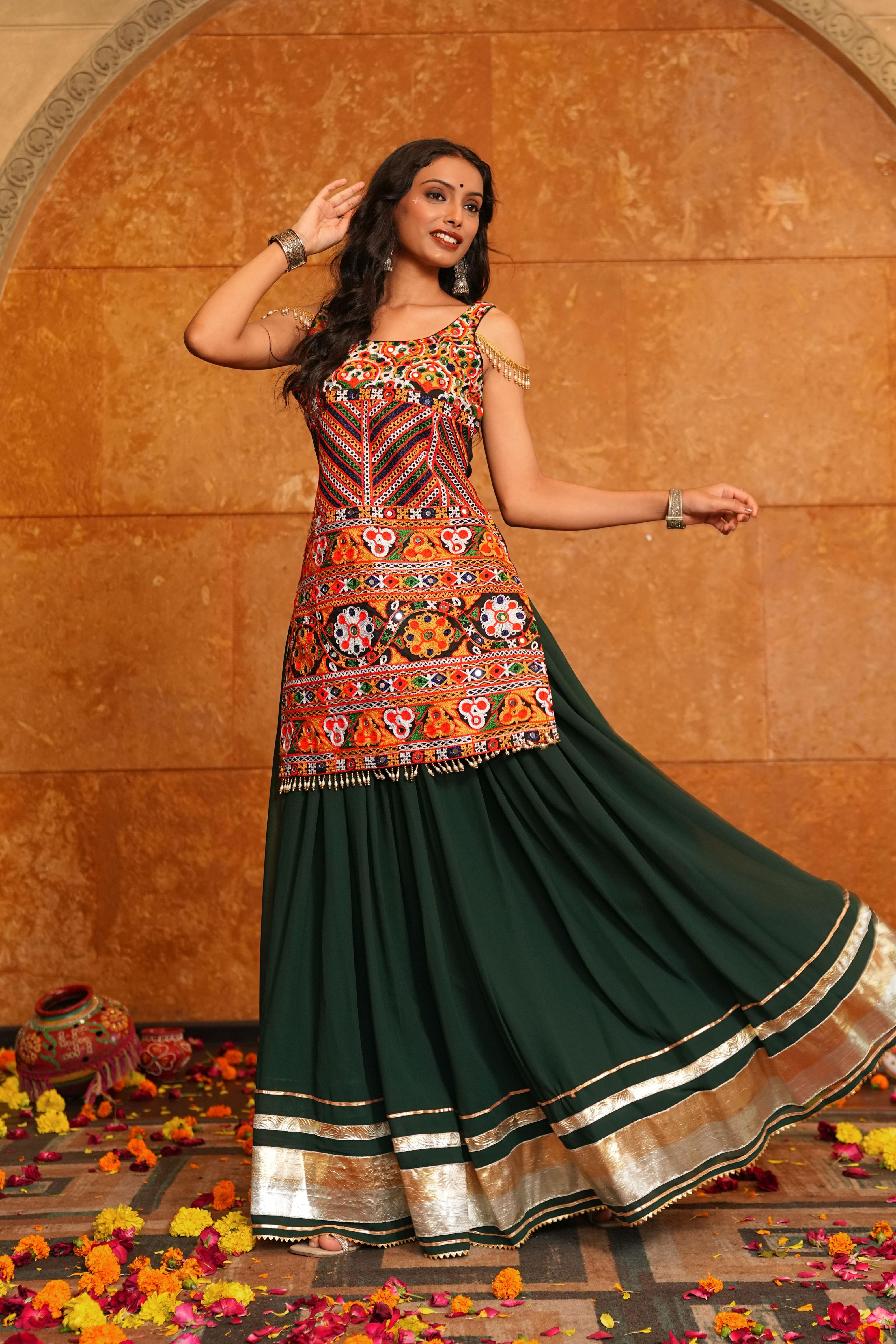 Green Georgette Embroidery Lehenga