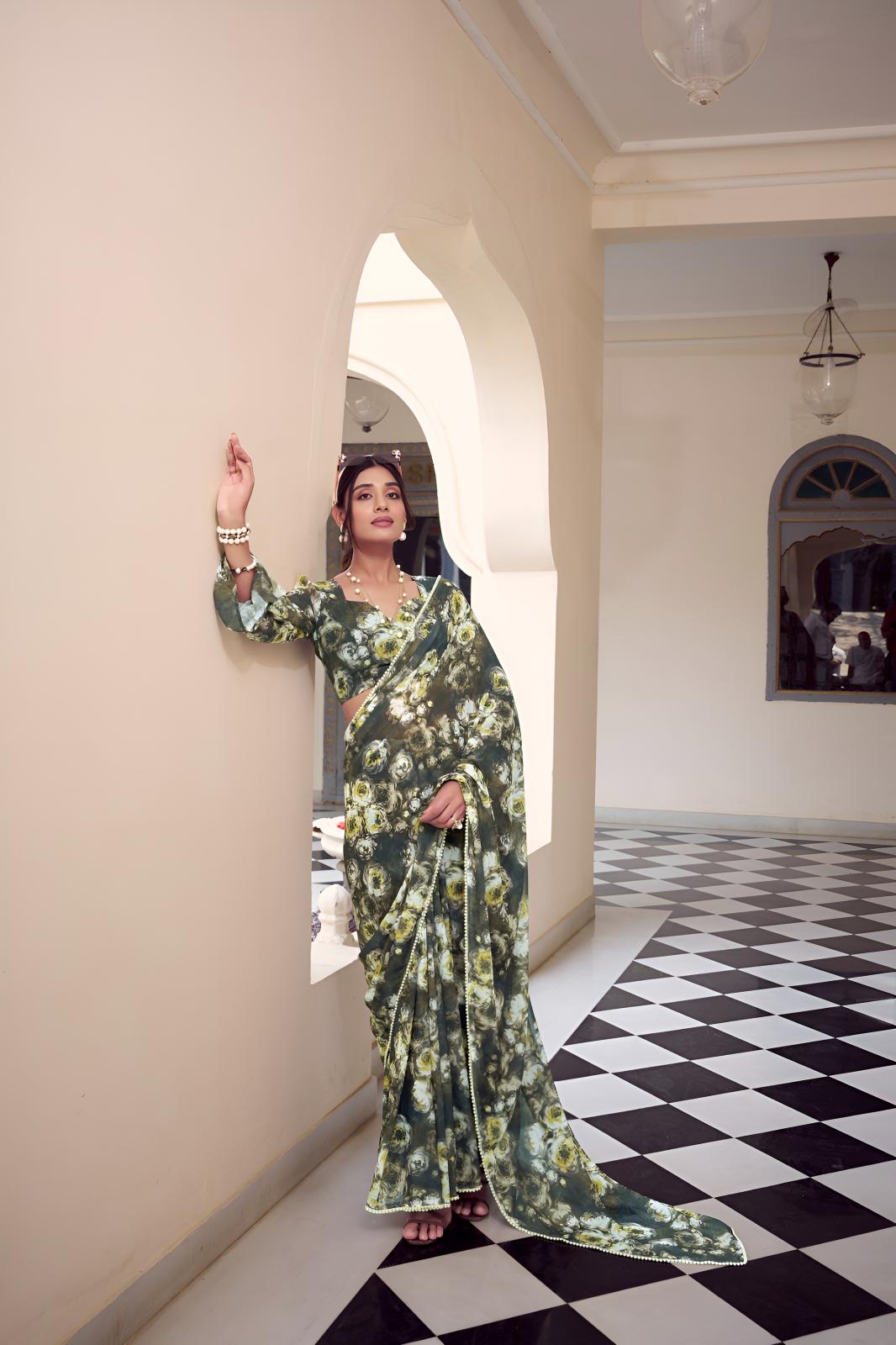 Green Georgette Floral Printed Ready To Wear Saree