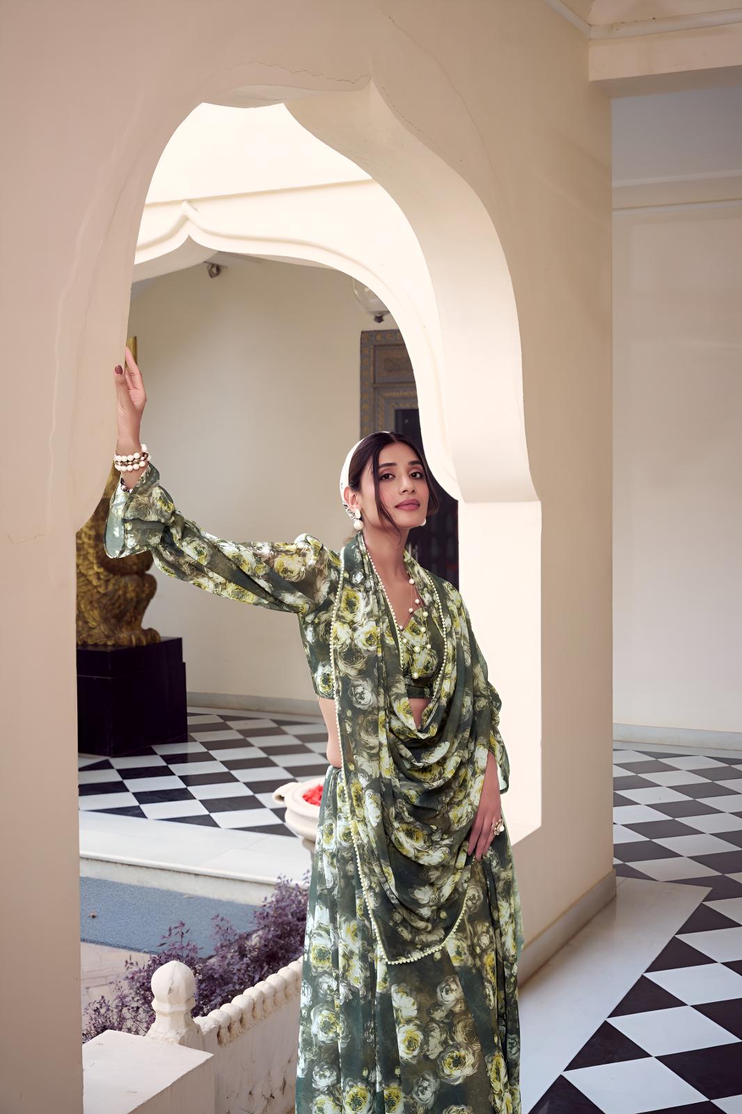 Green Georgette Floral Printed Ready To Wear Saree — alternate view