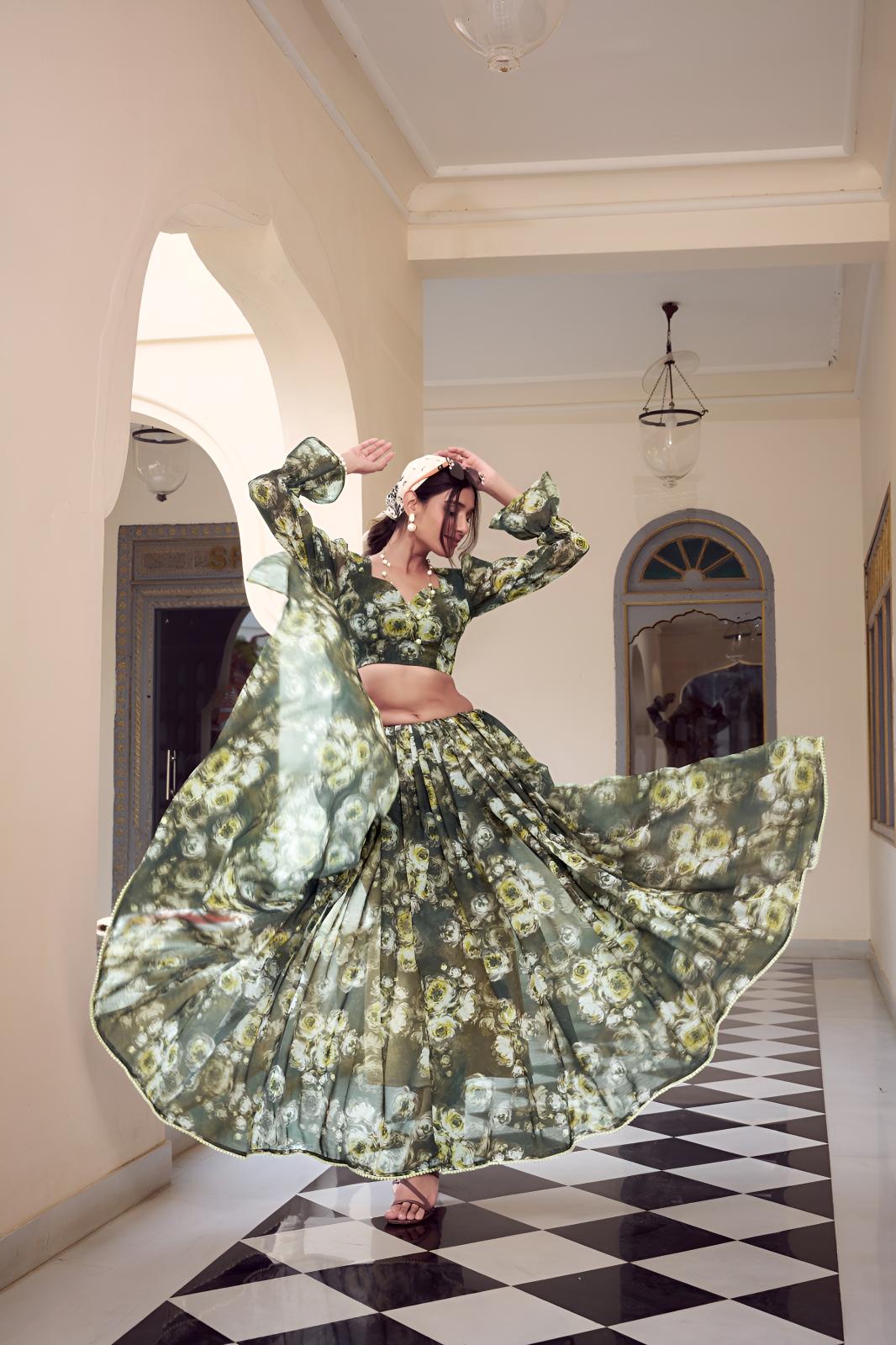 Green Georgette Floral Printed Ready To Wear Saree