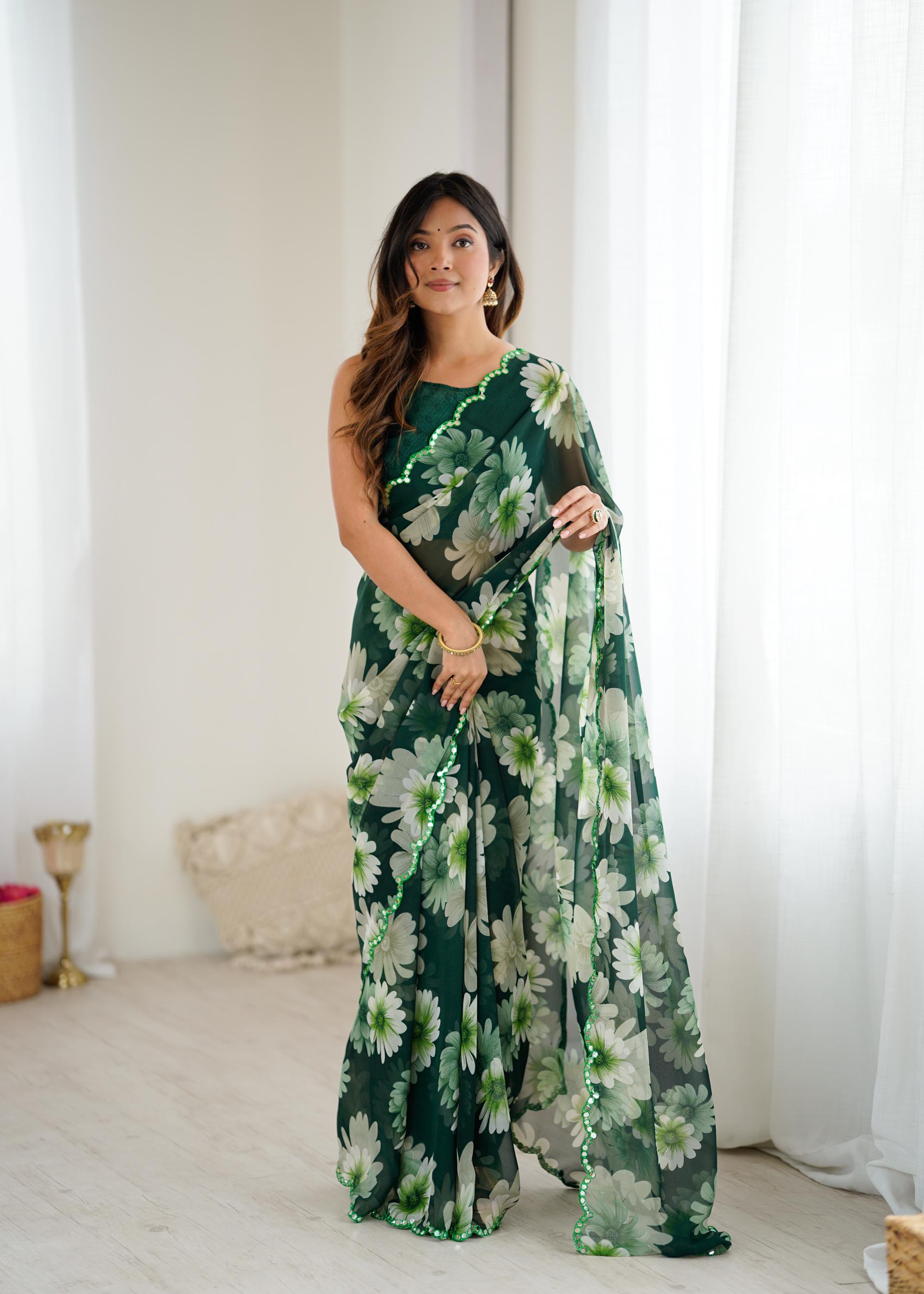 Green Georgette Floral Printed Saree