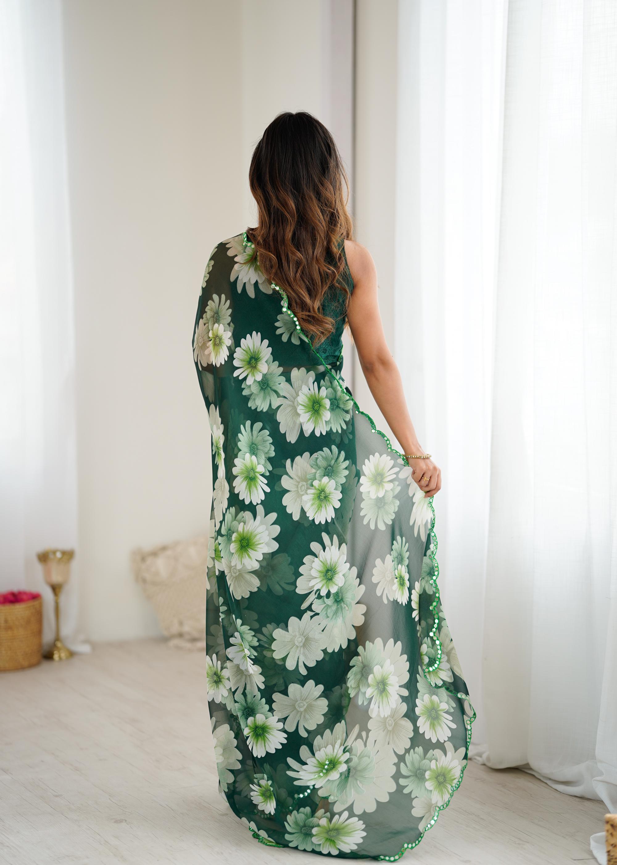 Green Georgette Floral Printed Saree — alternate view