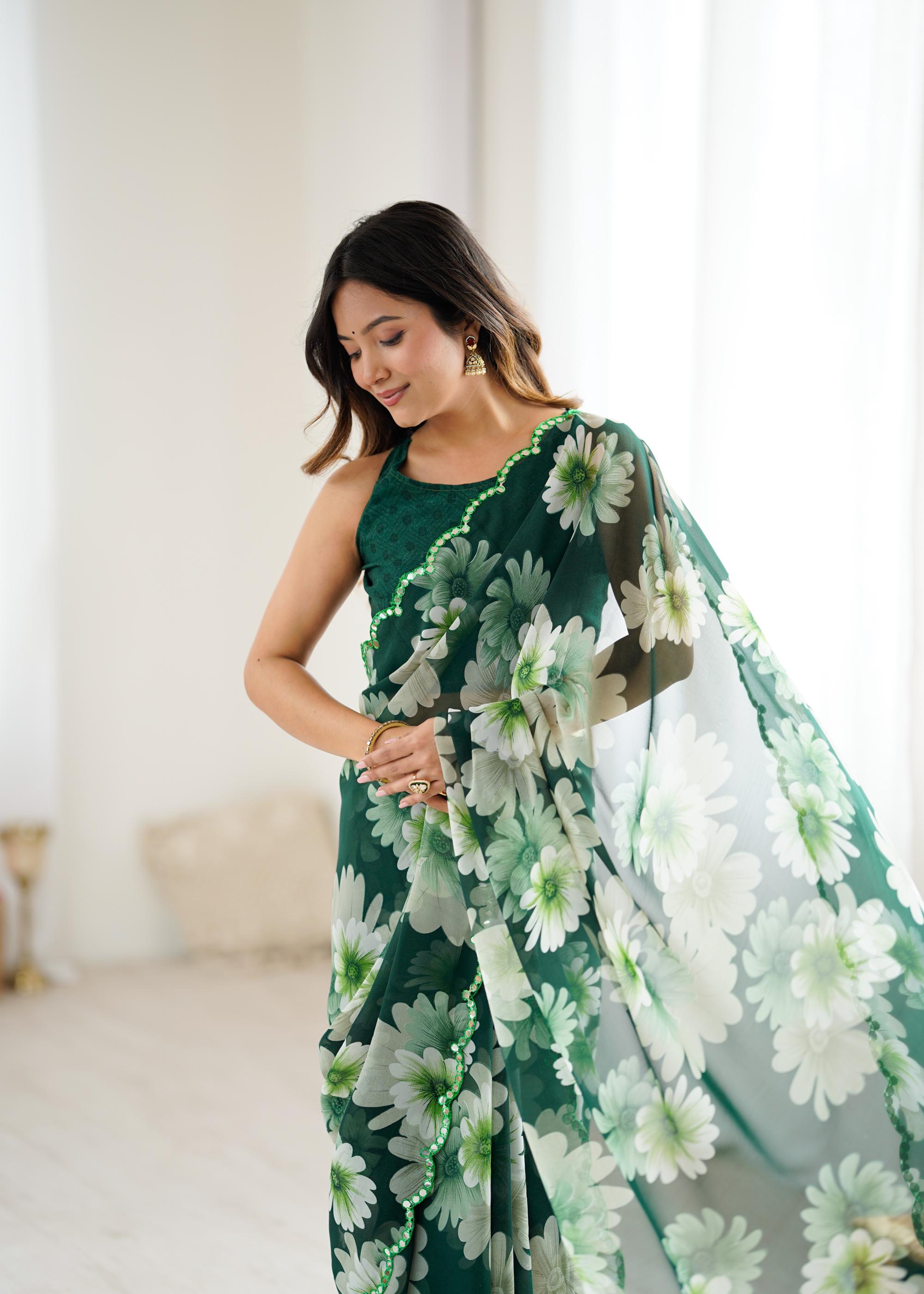 Green Georgette Floral Printed Saree