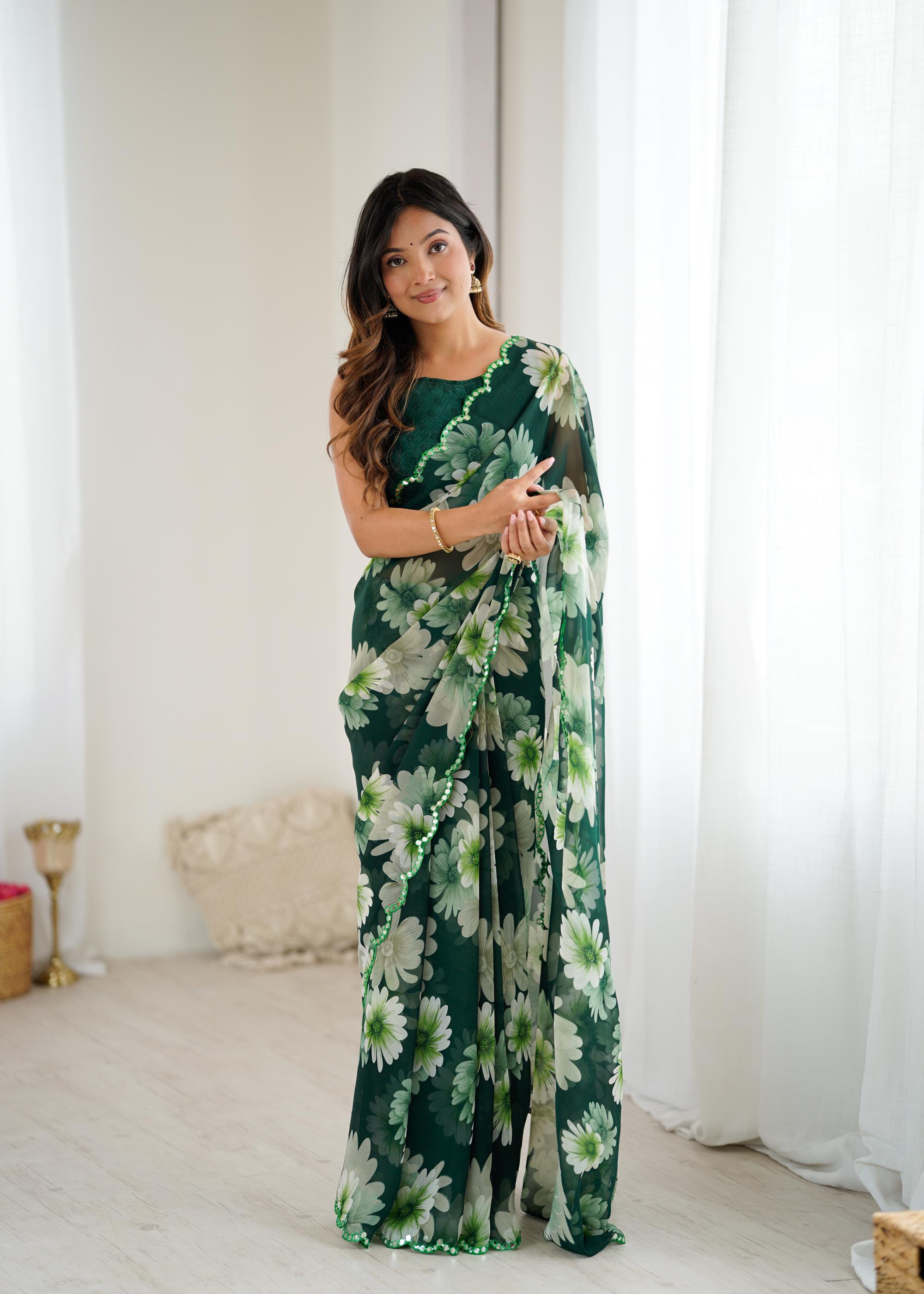 Green Georgette Floral Printed Saree