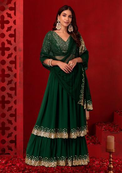 Green Georgette Layered Lehenga Choli