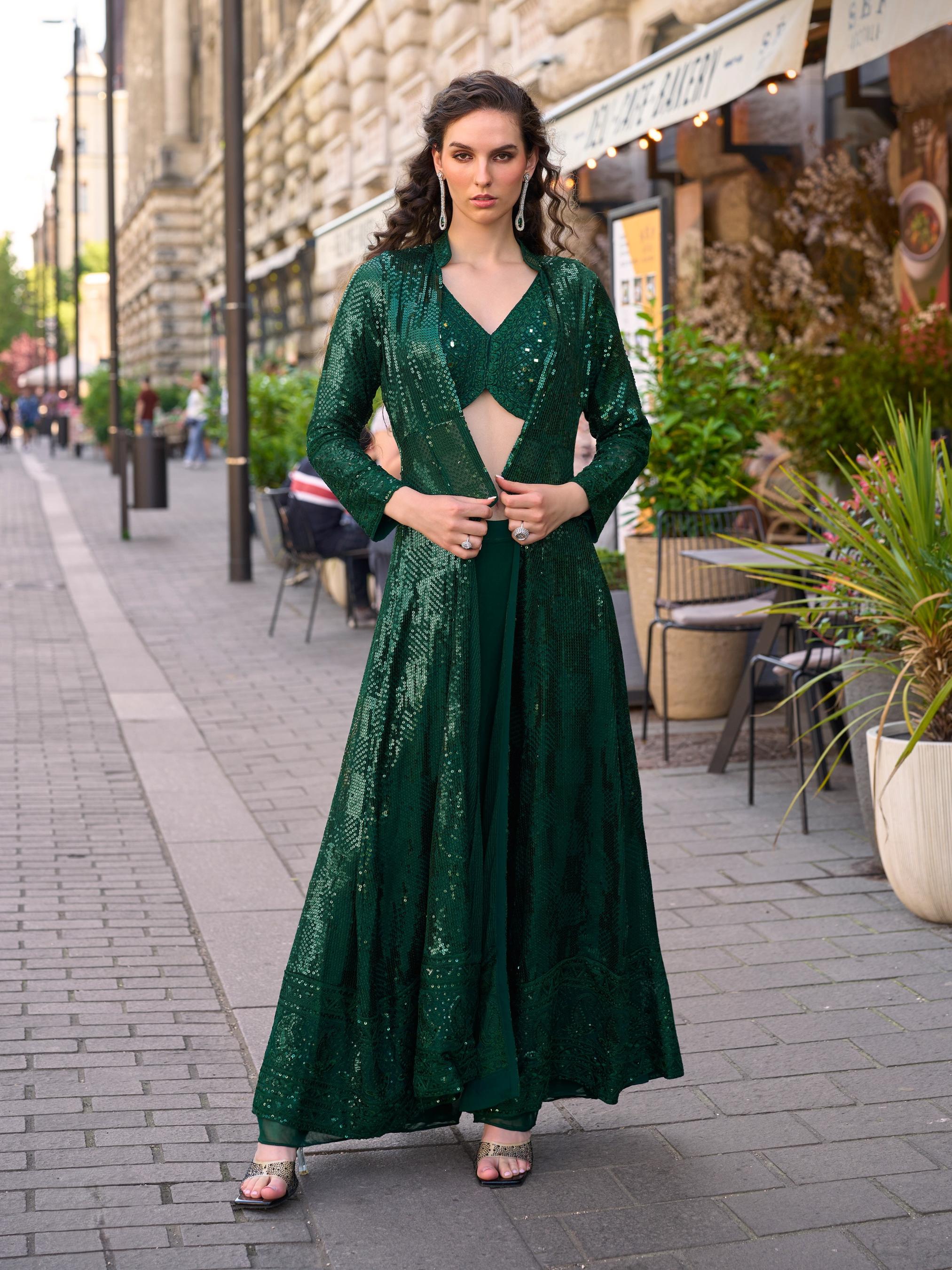 Green Georgette Sequin Embroidered Indo-Western Jacket Palazzo Set