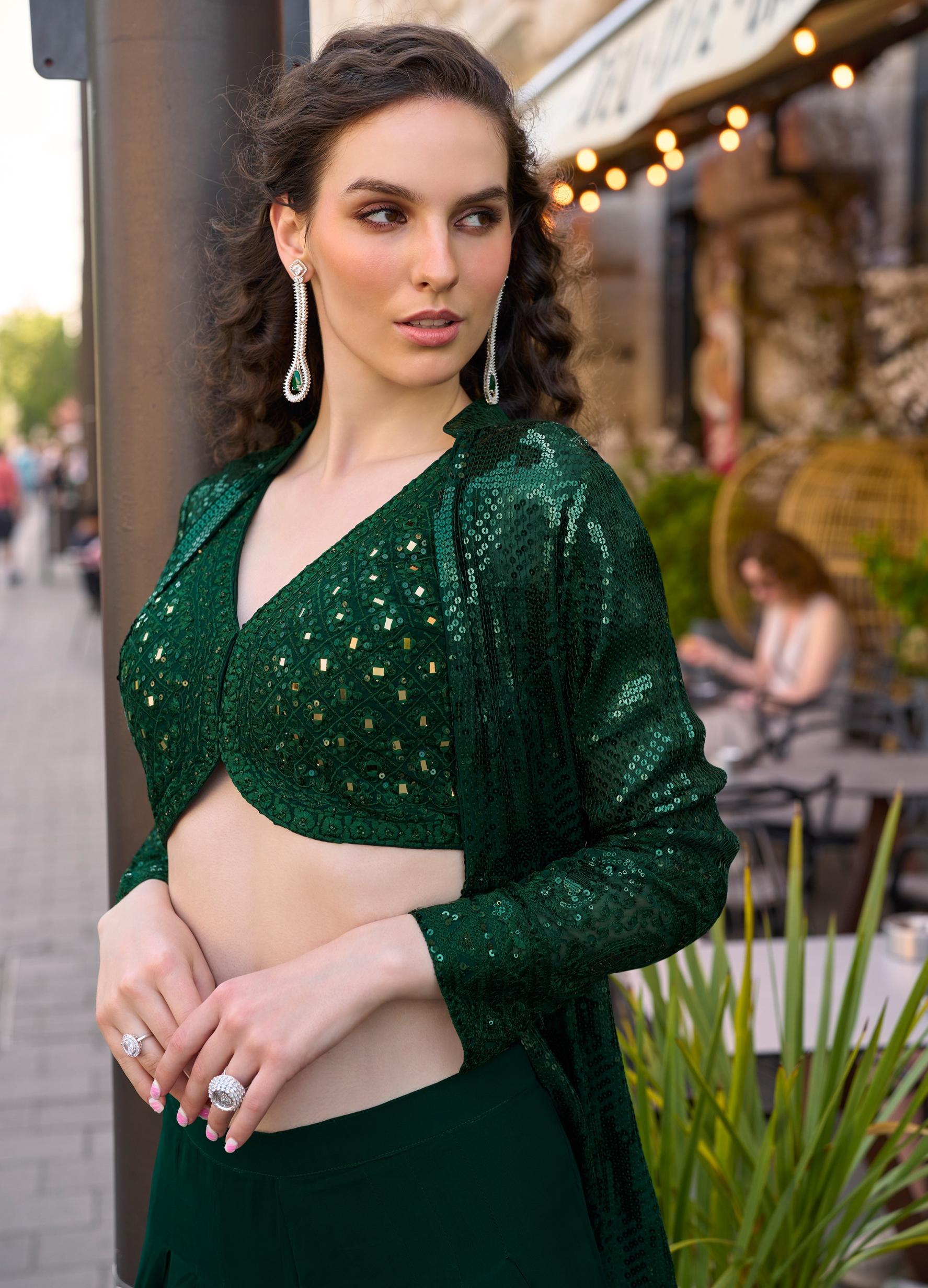 Green Georgette Sequin Embroidered Indo-Western Jacket Palazzo Set — alternate view