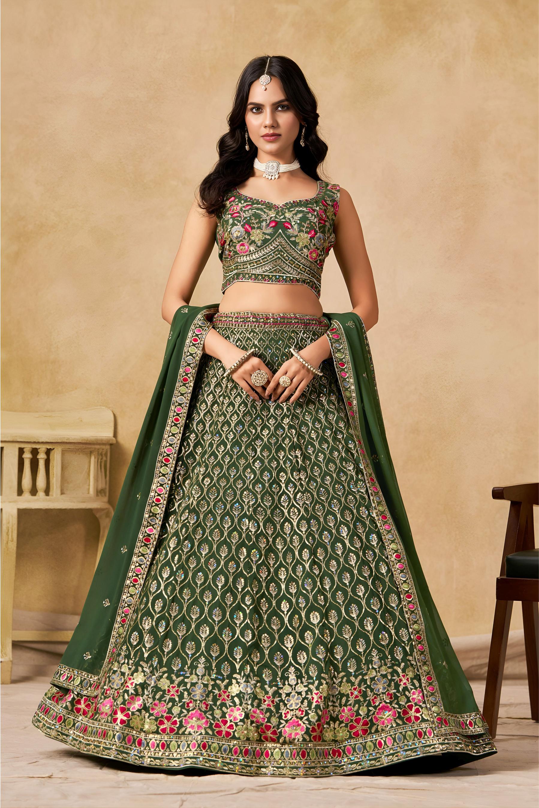 Green Georgette Sequins Embroidered Lehenga Choli