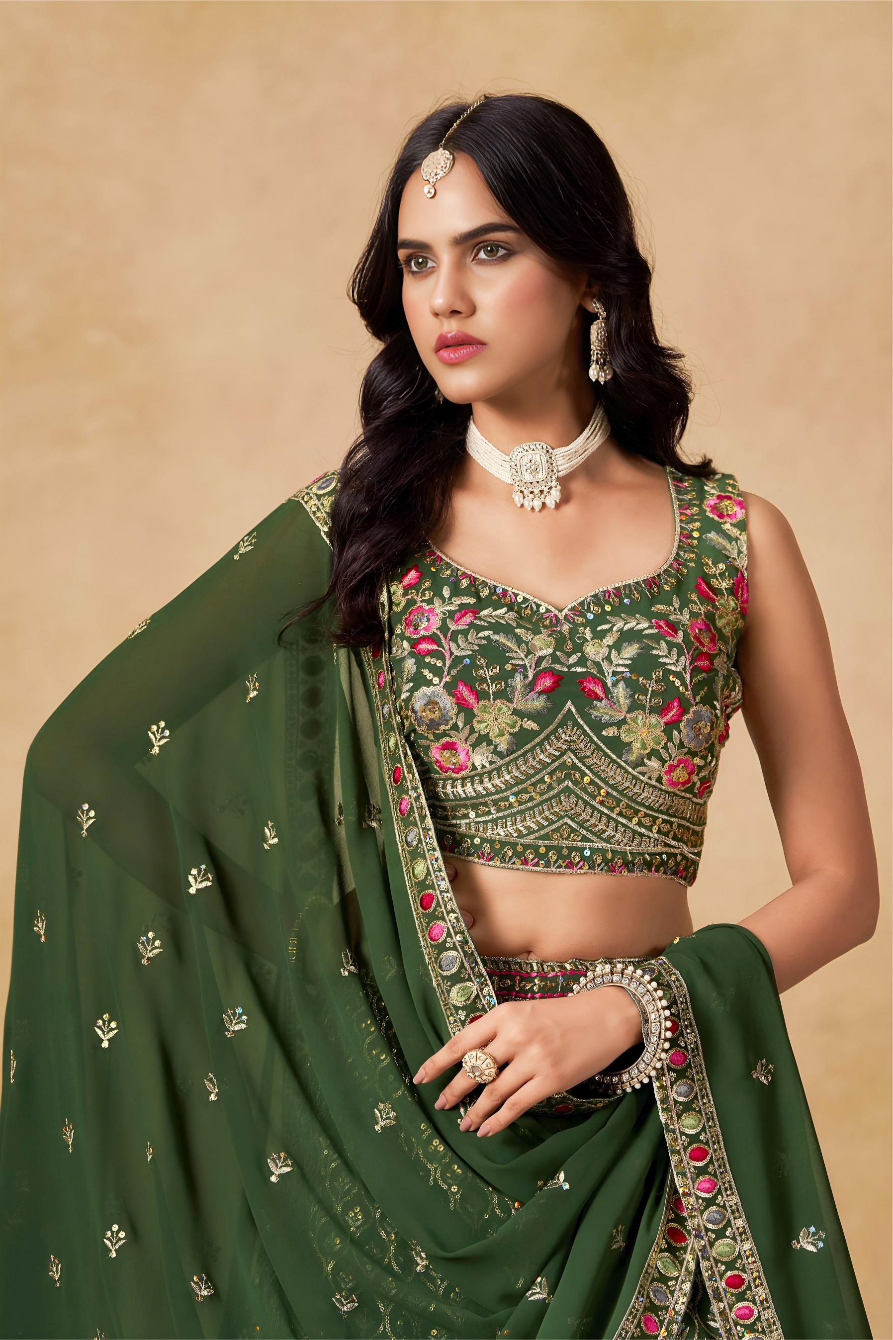 Green Georgette Sequins Embroidered Lehenga Choli
