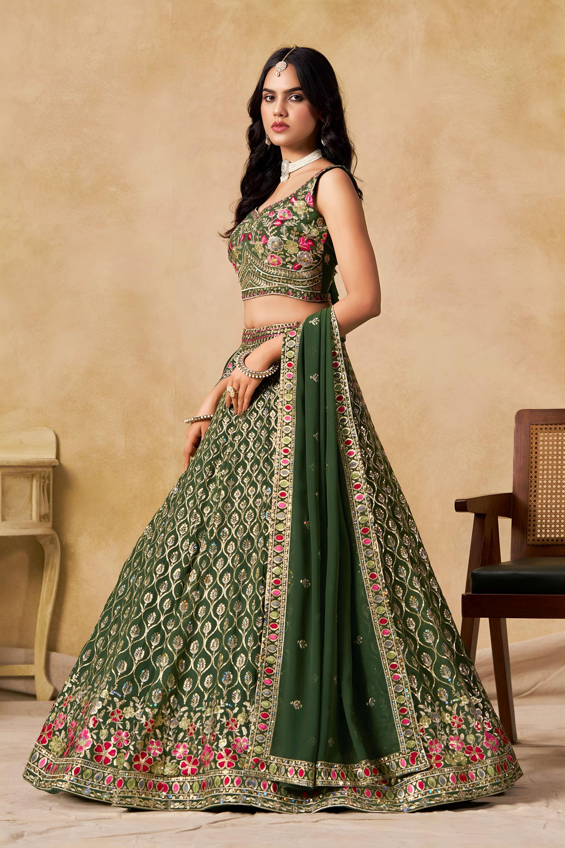 Green Georgette Sequins Embroidered Lehenga Choli